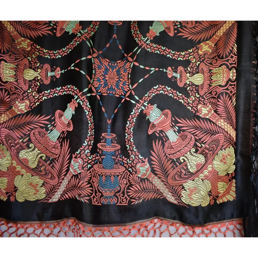 Vintage 40s Black Silk Taj Mahal Piano Shawl Scarf, Fringed Jacquard Brocade